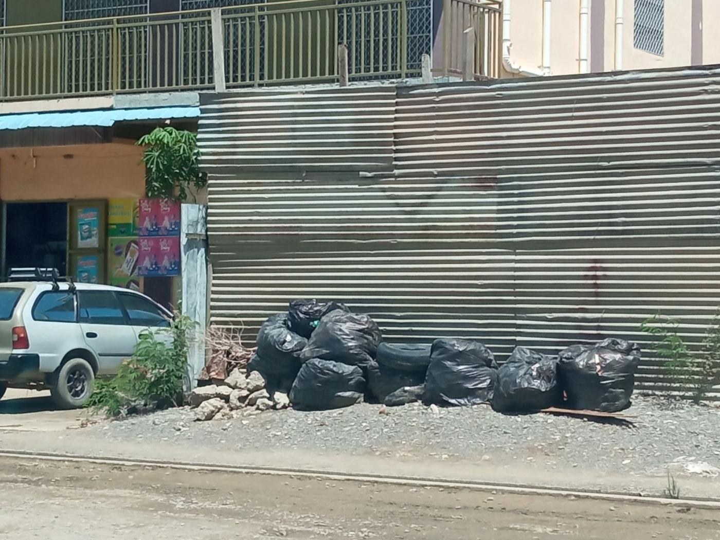 Bags of waste left along a fence