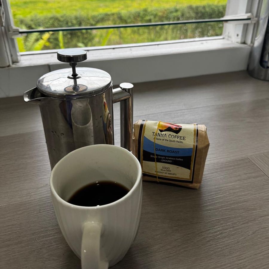 A mug of coffee and a coffee press on a window sill, looking out over green fields and palm trees