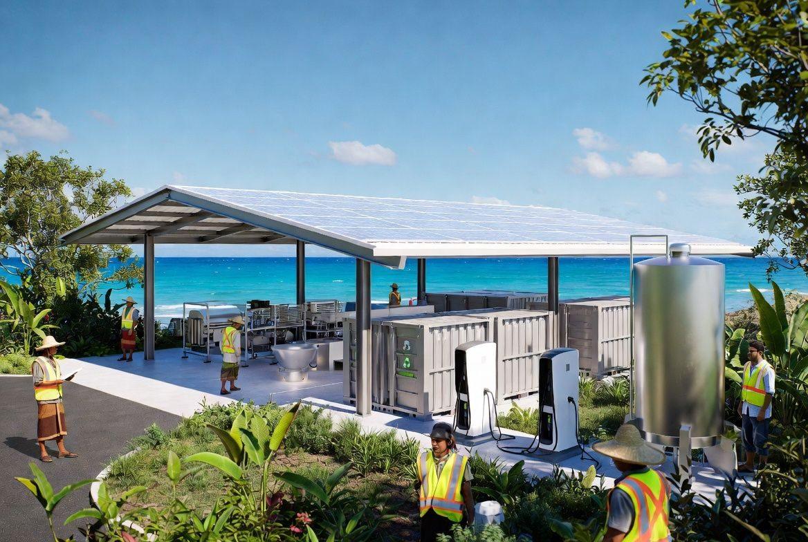 Computer-generated illustration of a community resource-recovery hub with a solar canopy, battery storage and a water tank