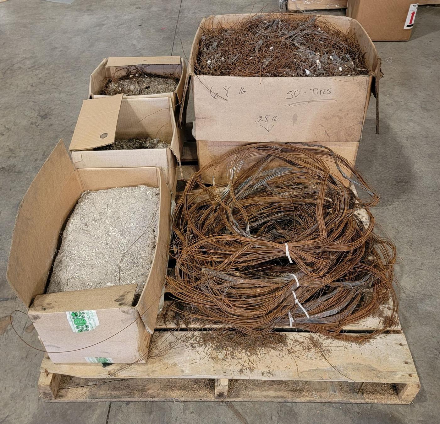 Pallet of tyre steel wire and shredded material